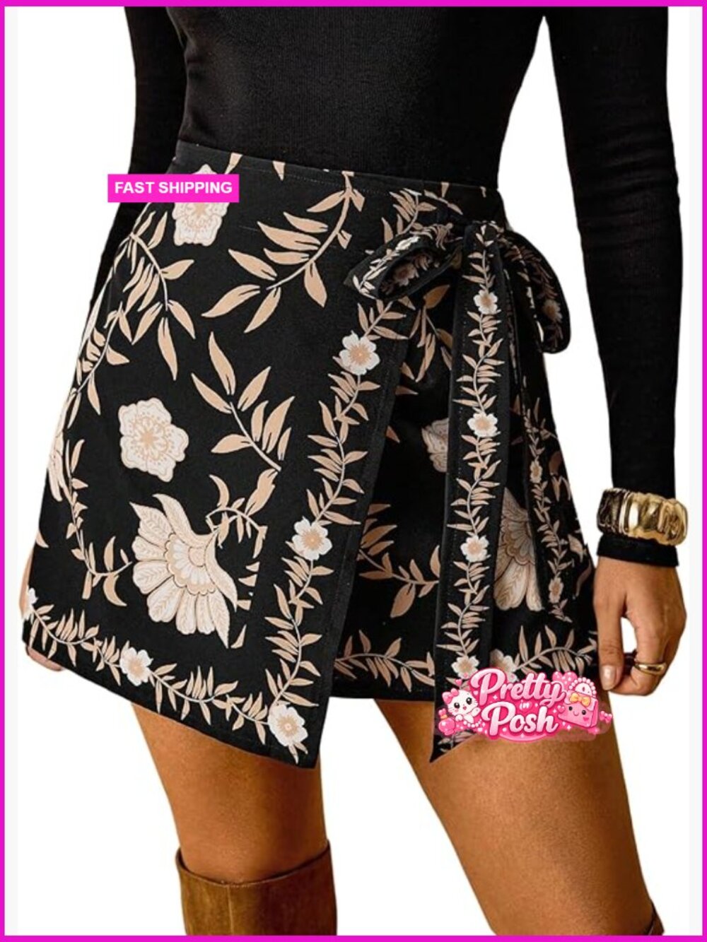 Boho Floral Print Wrap Mini Skirt with Tie Side